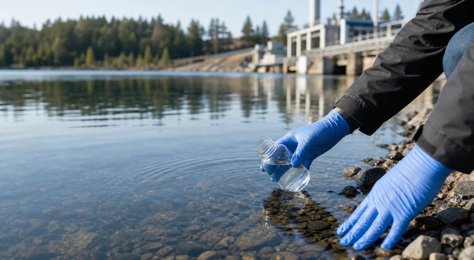 Editorial visualization of a technician collecting a water sample beside infrastructure