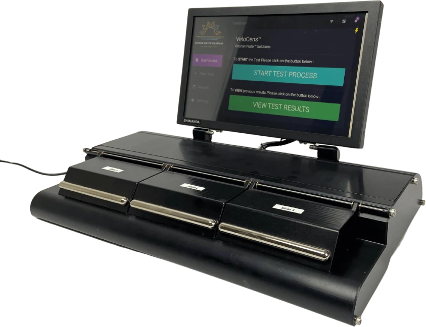 Angled view of the VeloCens 3-T portable microbiological water testing lab